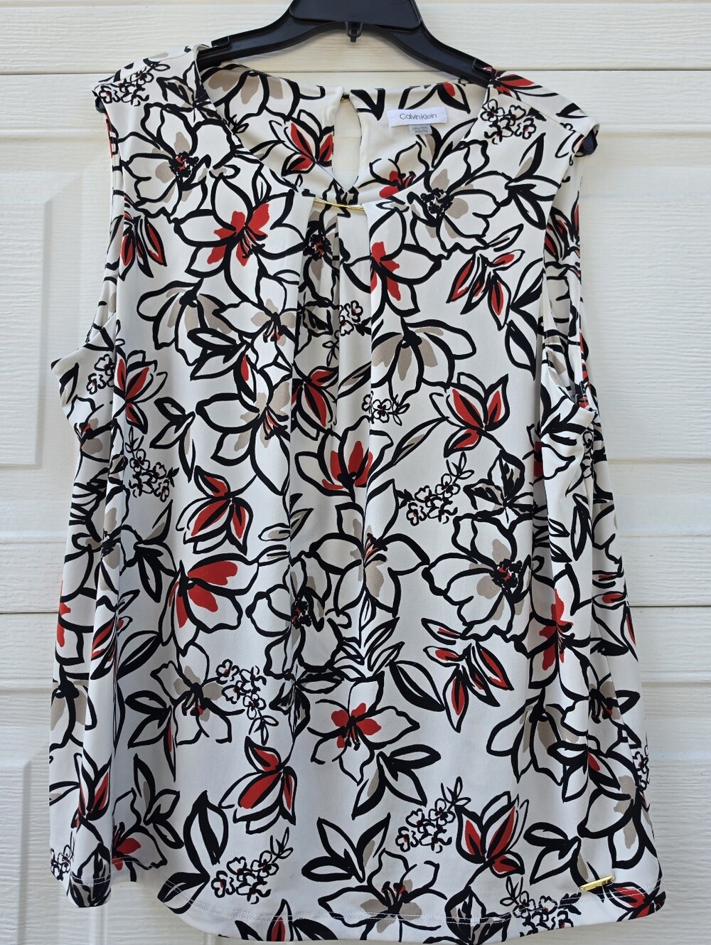 Calvin Klein White Floral Cap-Sleeve Blouse with Red & Black Print